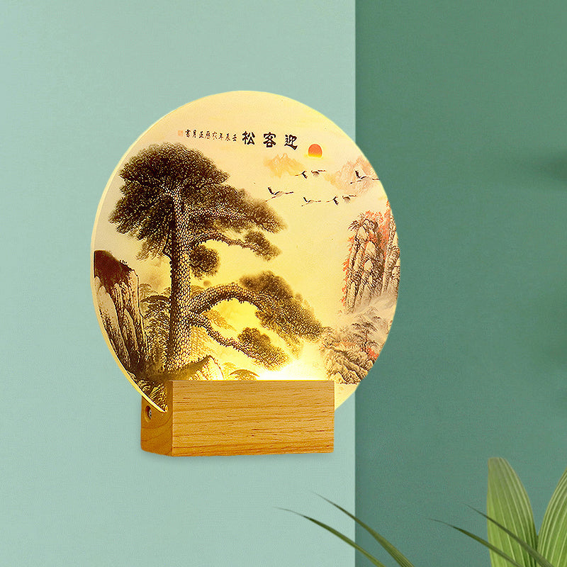 Round Pine Tree and Mountain Wall Light Oriental Style Acrylic LED Wood Wall Mural Lamp