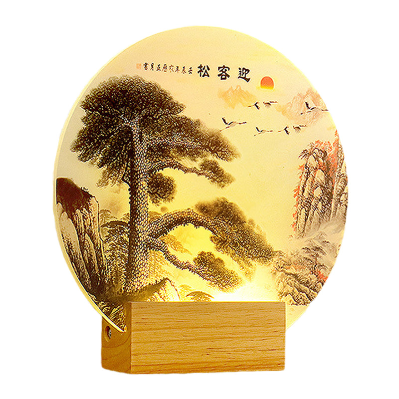 Round Pine Tree and Mountain Wall Light Oriental Style Acrylic LED Wood Wall Mural Lamp