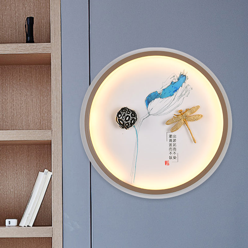 Yellow and Blue Circular Dragonfly Wall Lighting Asia Style LED Metallic Mural Lamp for Hallway