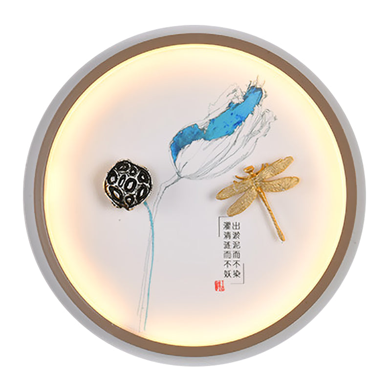 Yellow and Blue Circular Dragonfly Wall Lighting Asia Style LED Metallic Mural Lamp for Hallway