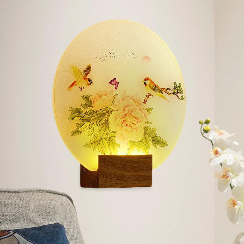 Brown Circular Blossom and Bird Mural Light Asia Style LED Acrylic Wall Mounted Lighting for Bedroom