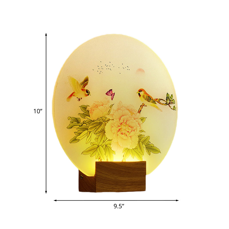 Brown Circular Blossom and Bird Mural Light Asia Style LED Acrylic Wall Mounted Lighting for Bedroom