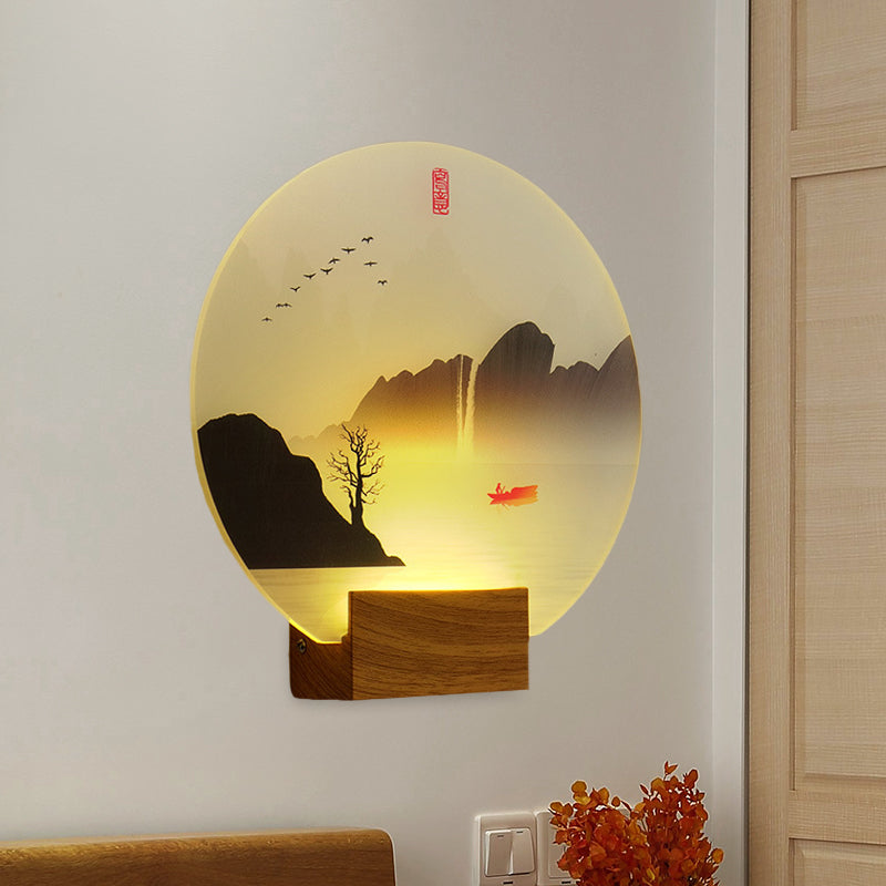 Circular Acrylic River and Mountain Mural Light Chinese Style LED Brown Wall Mount Light Fixture