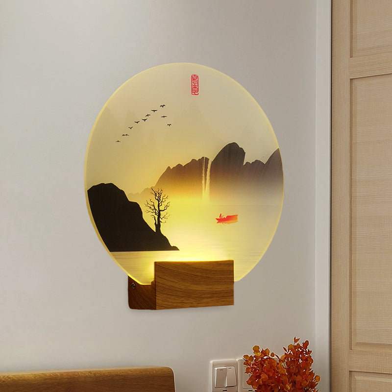 Río acrílico circular y montaña Luz Mural Estilo chino LED BROWN MOULD LIGHTURA