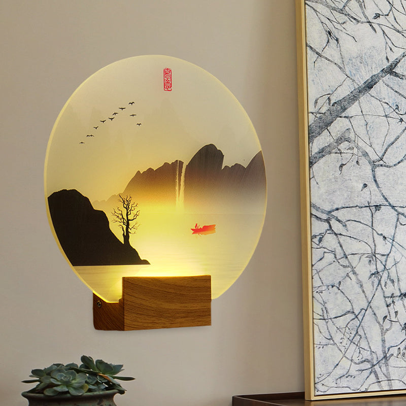 Circular Acrylic River and Mountain Mural Light Chinese Style LED Brown Wall Mount Light Fixture