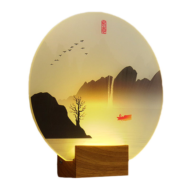 Circular Acrylic River and Mountain Mural Light Chinese Style LED Brown Wall Mount Light Fixture