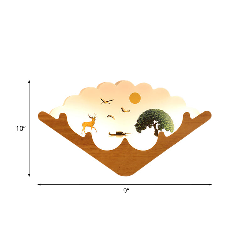 Acryl -ventilatorvormige wandgemonteerde lamp Azië -stijl LED houten wandmuurwiel licht met elandenhert en meer/bospatroon