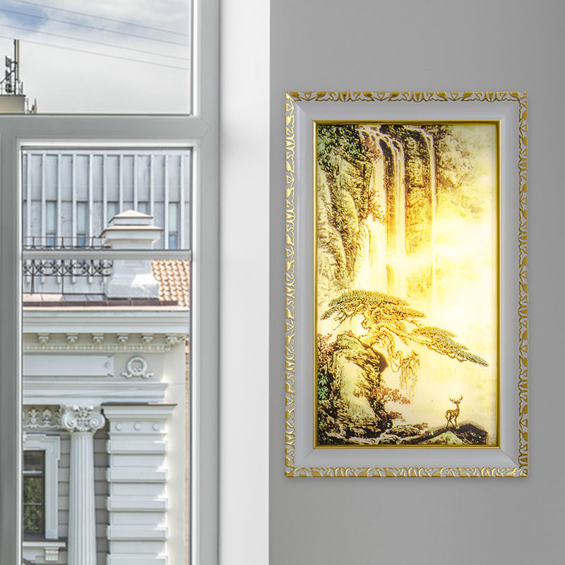 Chinese Rectangle Acrylic Wall Mural Light LED Wall Lighting in Gold with Pine Tree and Waterfall Pattern