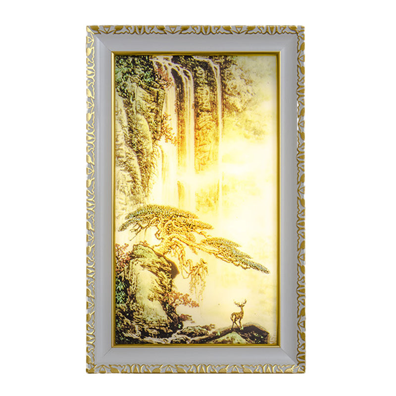 Chinese Rectangle Acrylic Wall Mural Light LED Wall Lighting in Gold with Pine Tree and Waterfall Pattern