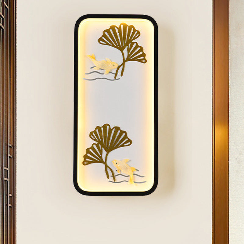 LED Bedroom Wall Mounted Lighting Chinese Style Black Ginkgo Patterned Wall Mural Lamp with Rectangle Metal Shade