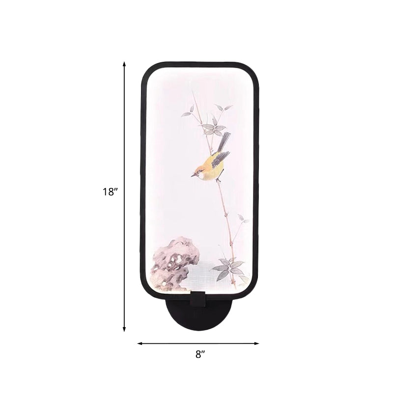 Acrylic Rectangle Wall Mural Light Chinese Style LED Black Wall Mounted Lamp with Bird Pattern