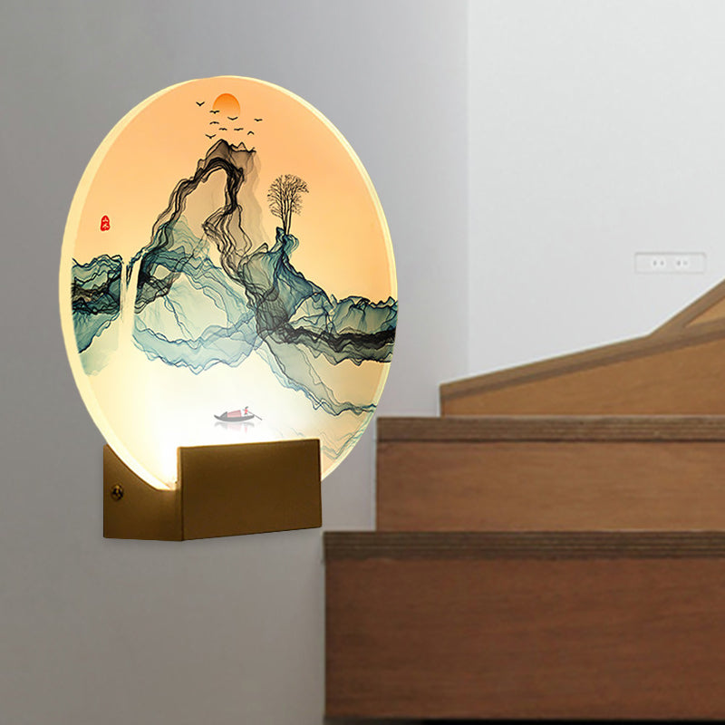Blue Rounded Wall Mural Lamp Chinese Style LED Acrylic Wall Light Fixture with Mountain and Sun Pattern