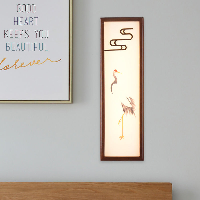 LED Bedside Wall Mounted Light Oriental Style Brown Crane Patterned Wall Mural Lamp with Rectangle Wood Frame