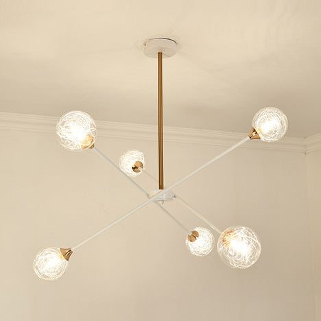 Hedendaagse witte arm kroonluchter lijn metallic amber // helder/zilver/rookgrijs/wit suspensielicht met bolvormige schaduw voor studieruimte
