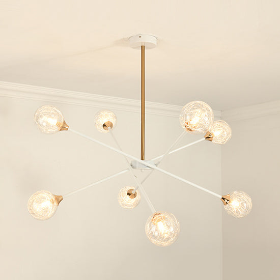 Contemporary White Arm Chandelier Line Metallic Amber//Clear/Silver/Smoke Grey/White Suspension Light with Spherical Shade for Study Room