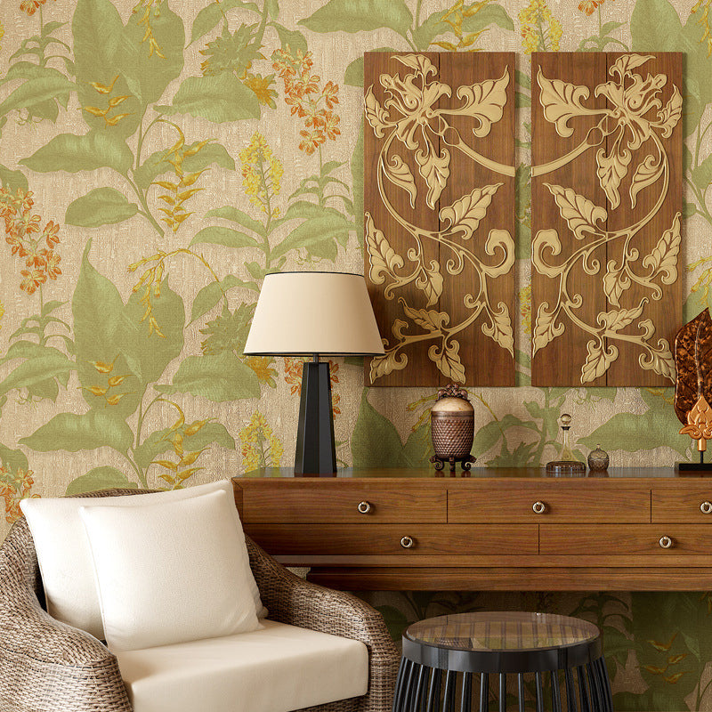 Smooth Non-Woven Wallpaper Rust Unpasted Wall Art with Banana Leaves Pattern for Accent Wall