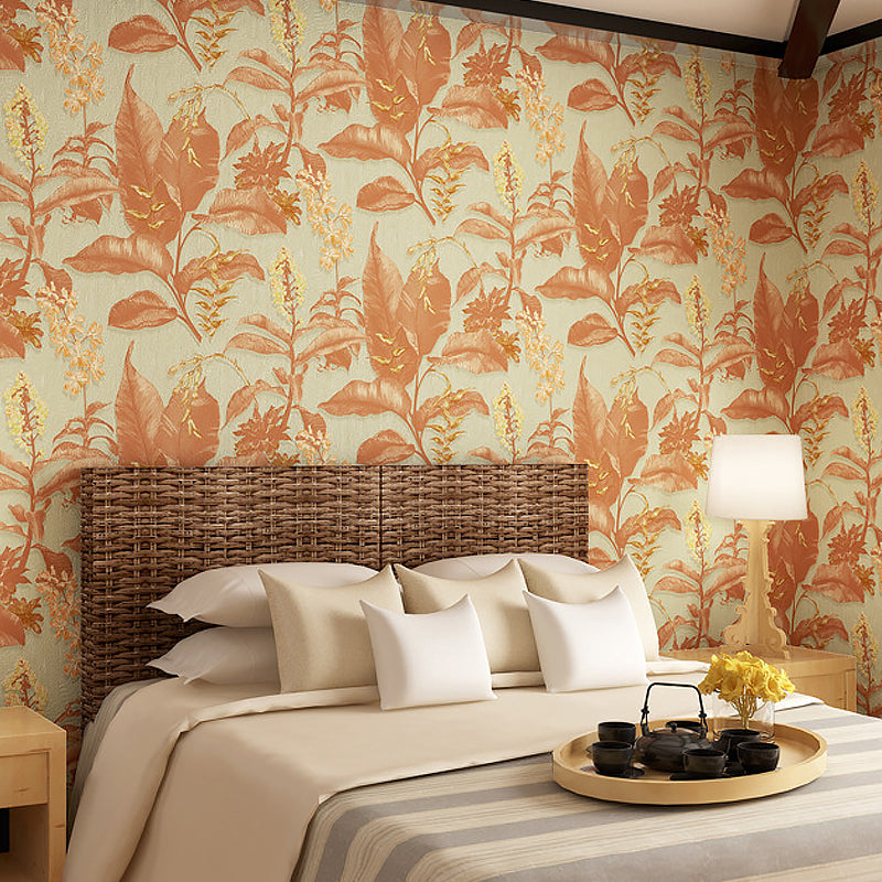Smooth Non-Woven Wallpaper Rust Unpasted Wall Art with Banana Leaves Pattern for Accent Wall