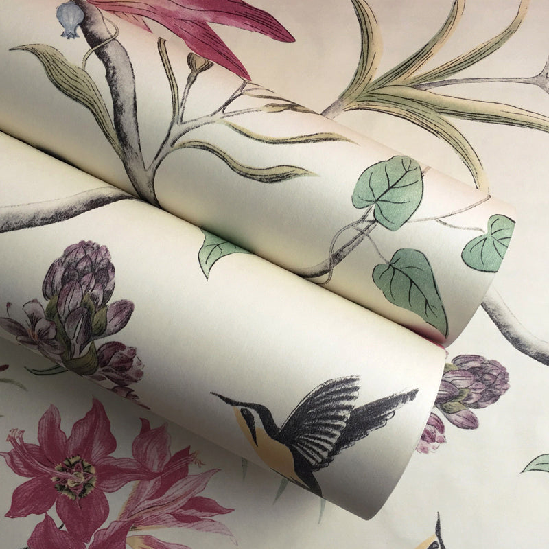 Adhesive Flower and Bird Wallpaper Non-Woven Rustic Wall Covering for Accent Wall, Removable
