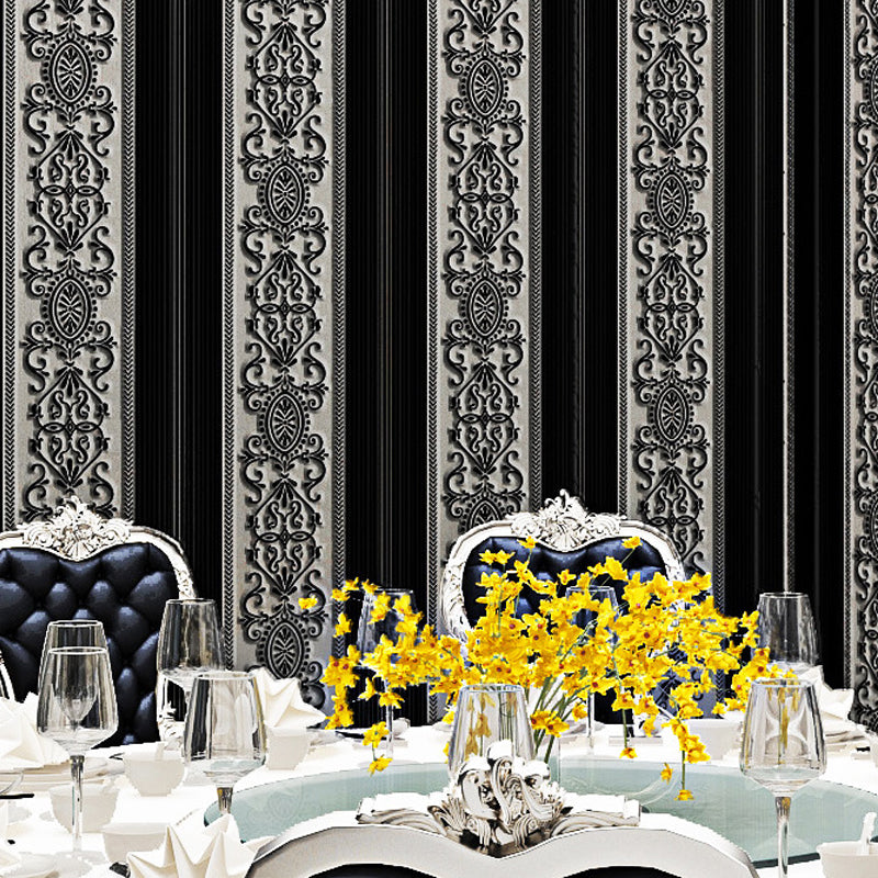 Damask Striped Wallpaper Vintage 3D Embossed Wall Covering for Dining Room, Dark Color