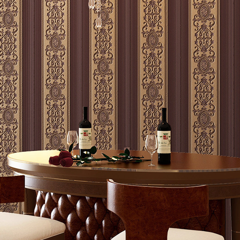 Damask Striped Wallpaper Vintage 3D Embossed Wall Covering for Dining Room, Dark Color
