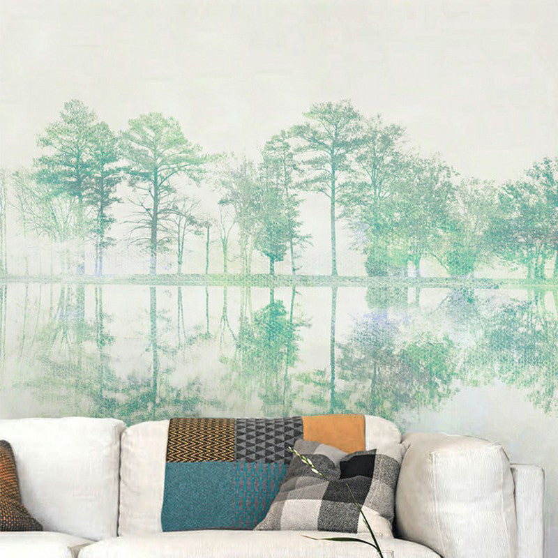 Full Size Birch Tree Wall Mural in Green Non-Woven Wall Art for Home Decor, Made to Measure