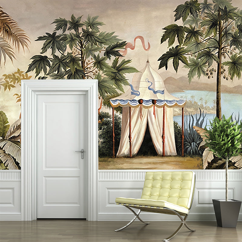 Green and White Jungle Wall Murals Moisture Resistant Wall Covering for Drawing Room