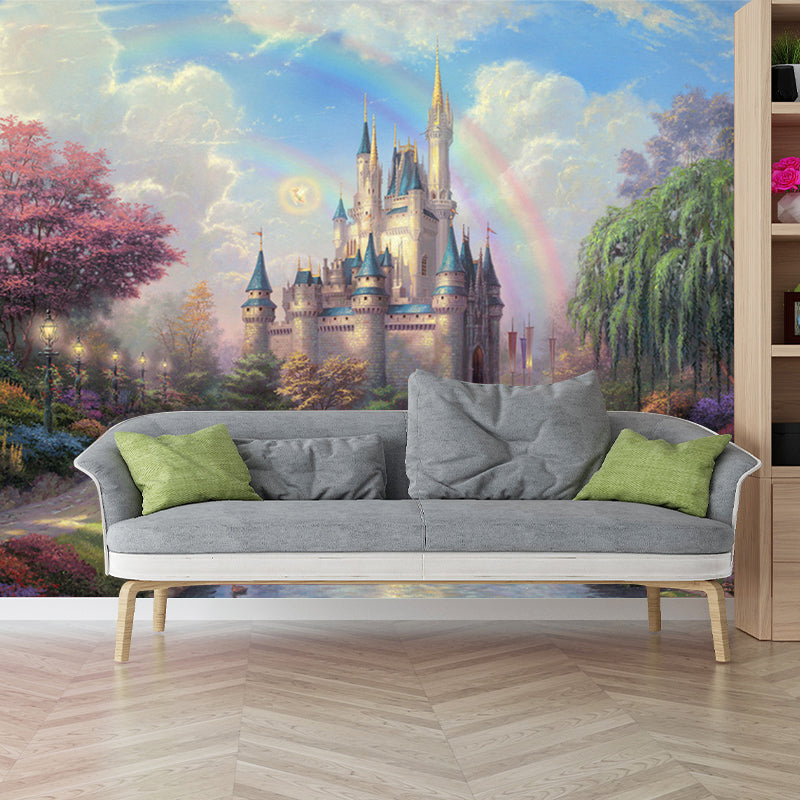 Classic Castle Painting Wall Murals for Living Room Customized Wall Art in Green-Pink-Blue