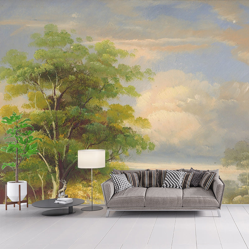 Modern Birch Tree Mural Wallpaper Green-White Living Room Wall Decor, Custom Size