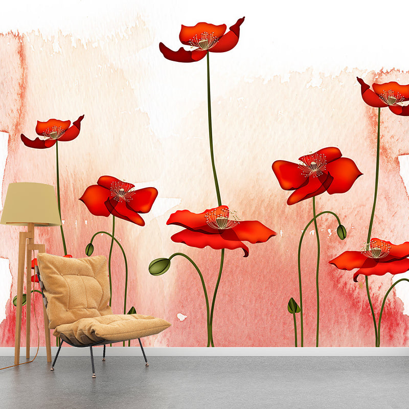 Pink-Red Blossoming Poppy Murals Flower Rustic Moisture Resistant Wall Covering for Bedroom