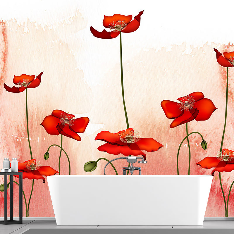 Pink-Red Blossoming Poppy Murals Flower Rustic Moisture Resistant Wall Covering for Bedroom
