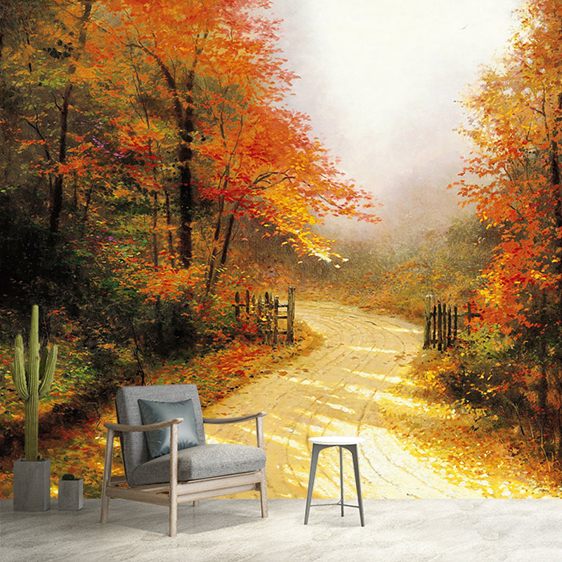 Large Autumn Lane Mural Wallpaper Stain-Resistant Classical Corridor Wall Art. Orange-Yellow