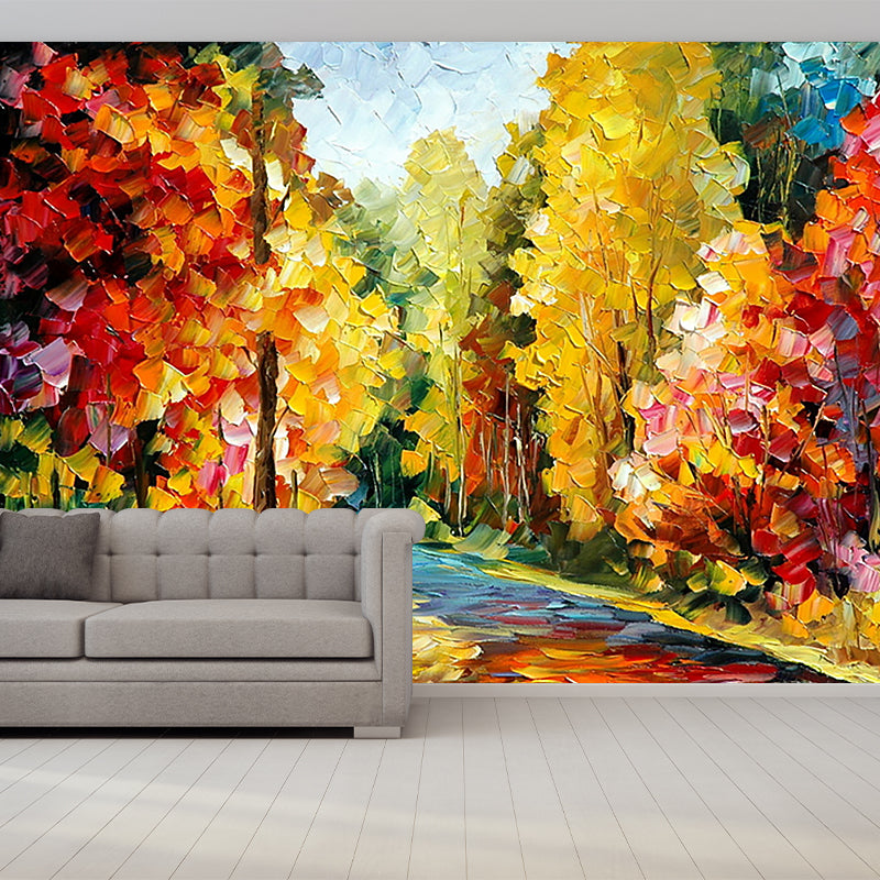 Autumn Forest Path Scenery Murals Countryside Smooth Wall Covering in Orange-Yellow