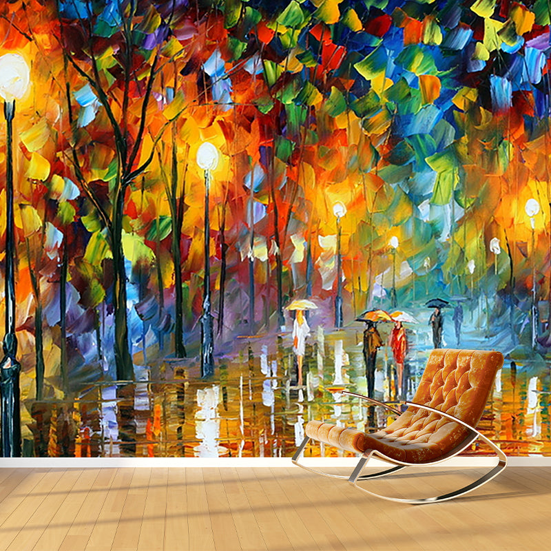 Illustration Street in Fall Murals for Living Room Decoration in Orange-Blue, Customized
