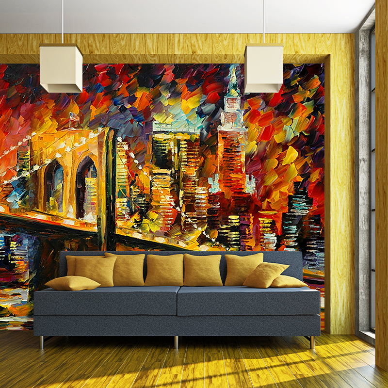 Full-Size Illustration Classic Murals with Leonid Afremov Bridge Slope Painting Pattern in Orange-Yellow