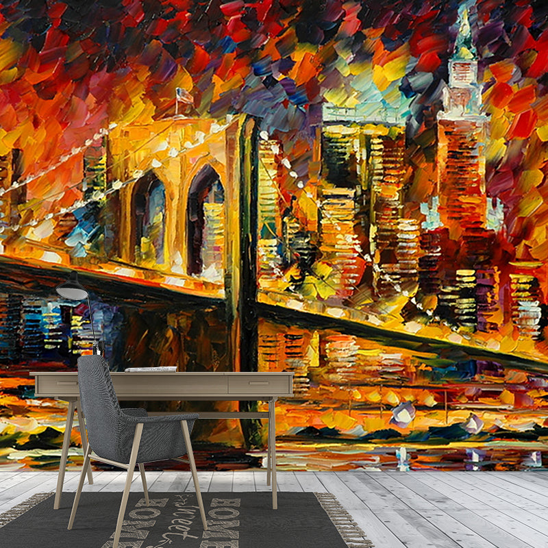 Full-Size Illustration Classic Murals with Leonid Afremov Bridge Slope Painting Pattern in Orange-Yellow