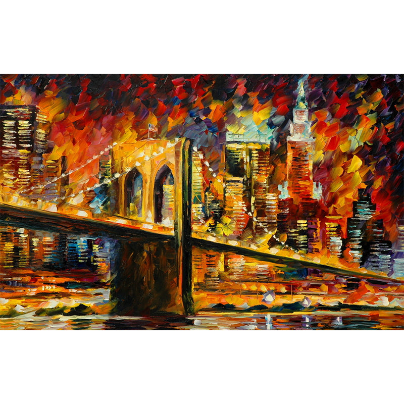 Full-Size Illustration Classic Murals with Leonid Afremov Bridge Slope Painting Pattern in Orange-Yellow