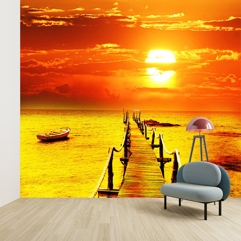 Sunset Bridge to Sea Murals Orange Contemporary Wall Decor for Living Room, Moisture Resistant