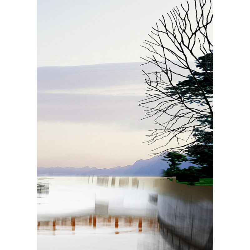 Blue-White Lake Reflecting Murals Scenery Modern Stain Proof Wall Art for Living Room