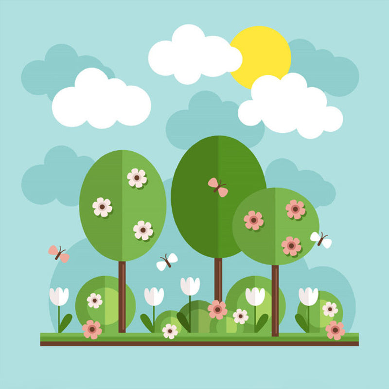 Cartoon Flowering Tree Wallpaper Murals Blue-Yellow-Green Nursery Wall Decor, Custom Size