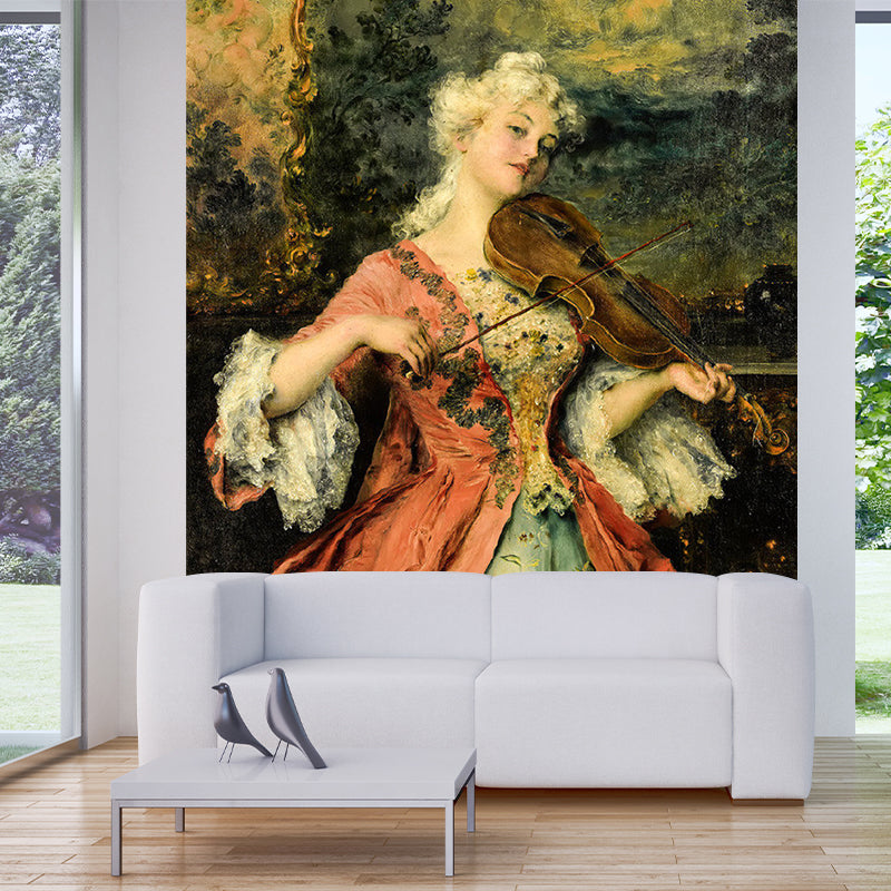 Lady Playing Violin Drawing Murals Red Brown Victorian Style Wall Art for Home Decor