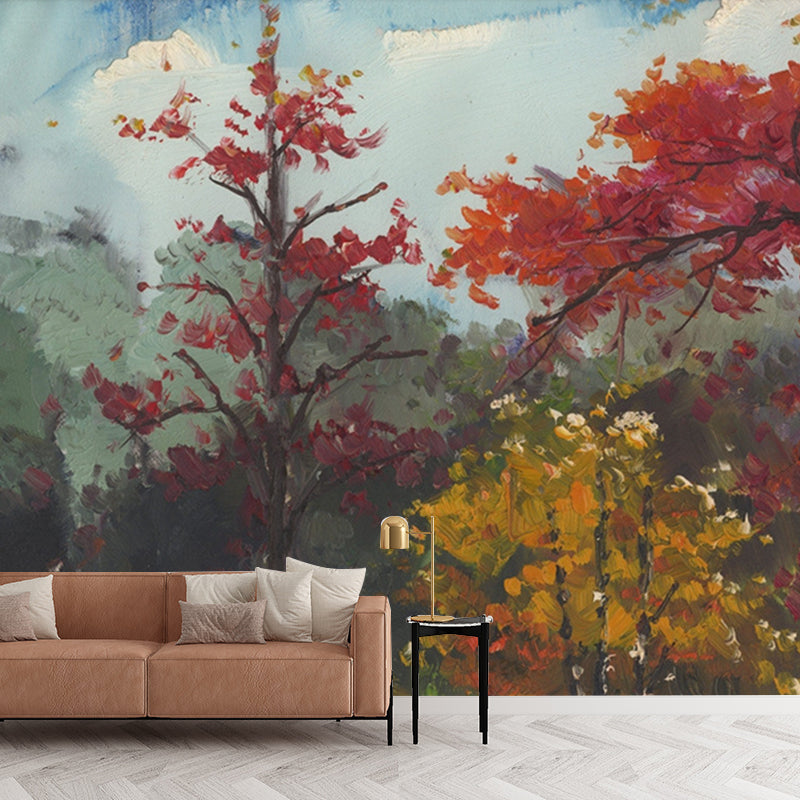 Classic Fall Trees Wallpaper Murals Non-Woven Waterproof Red-Yellow-Green Wall Decor for Home