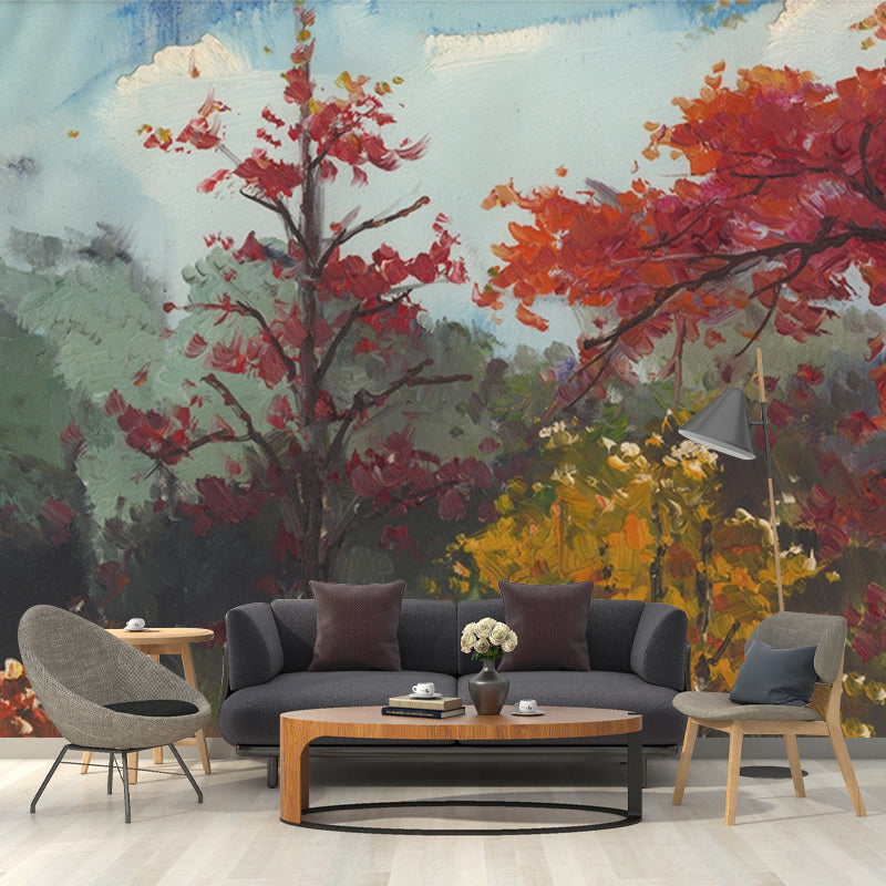 Classic Fall Trees Wallpaper Murals Non-Woven Waterproof Red-Yellow-Green Wall Decor for Home