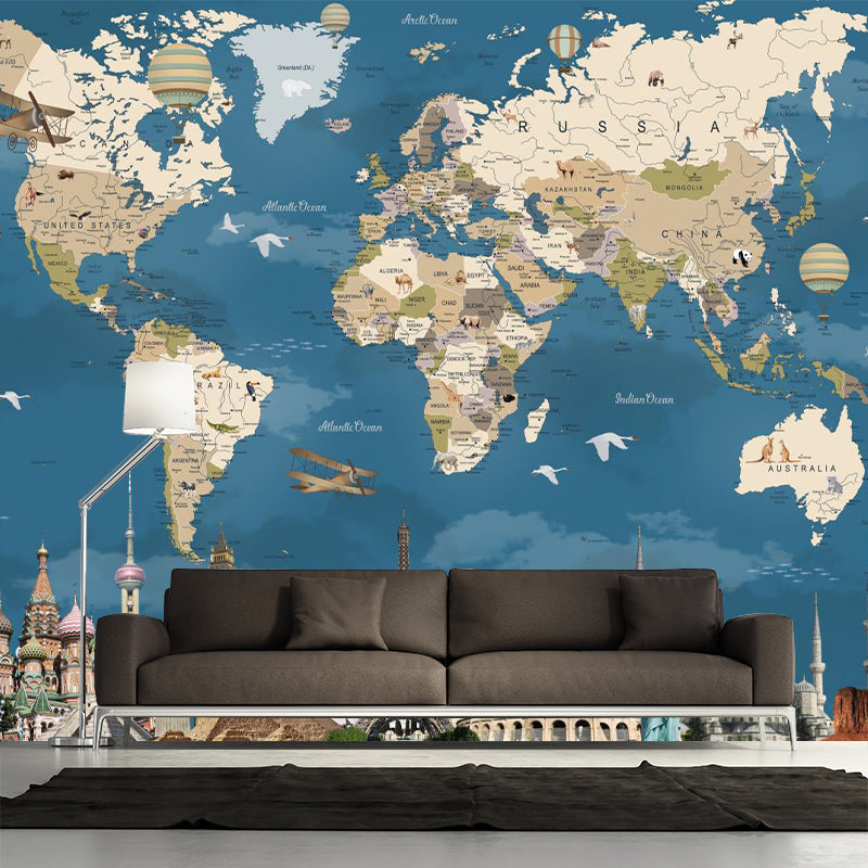 Non-Woven Washable Murals Modern World Map and Historical Relics Wall Covering in Blue-Brown