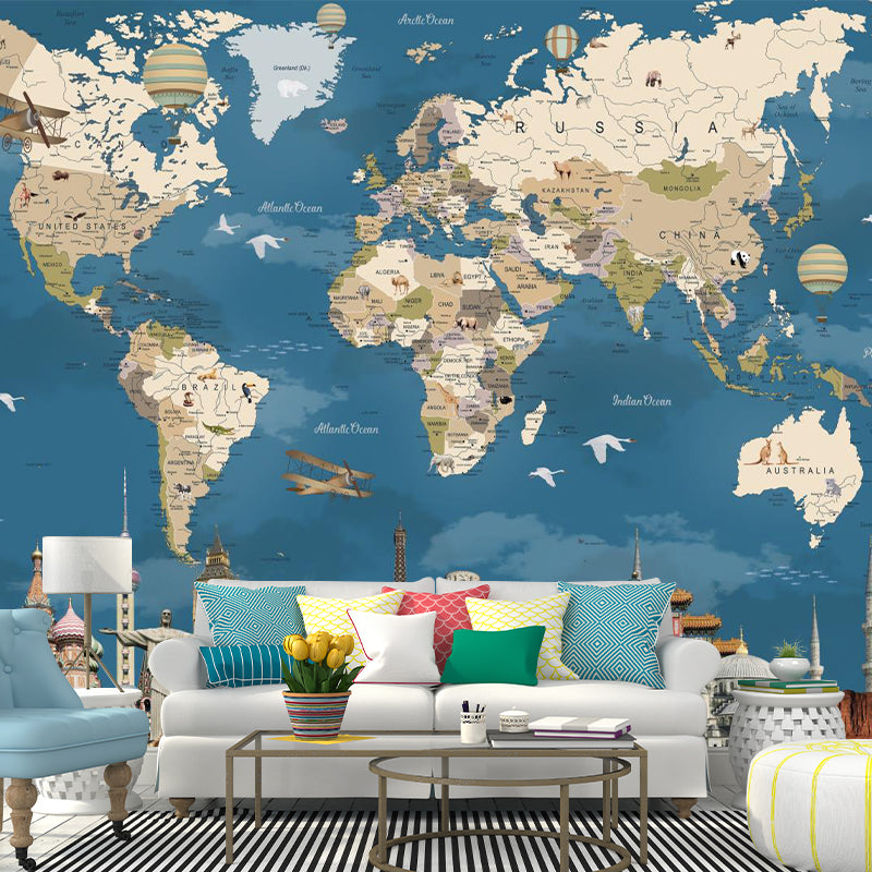 Non-Woven Washable Murals Modern World Map and Historical Relics Wall Covering in Blue-Brown