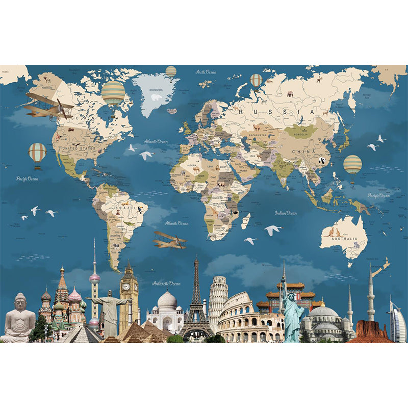Non-Woven Washable Murals Modern World Map and Historical Relics Wall Covering in Blue-Brown