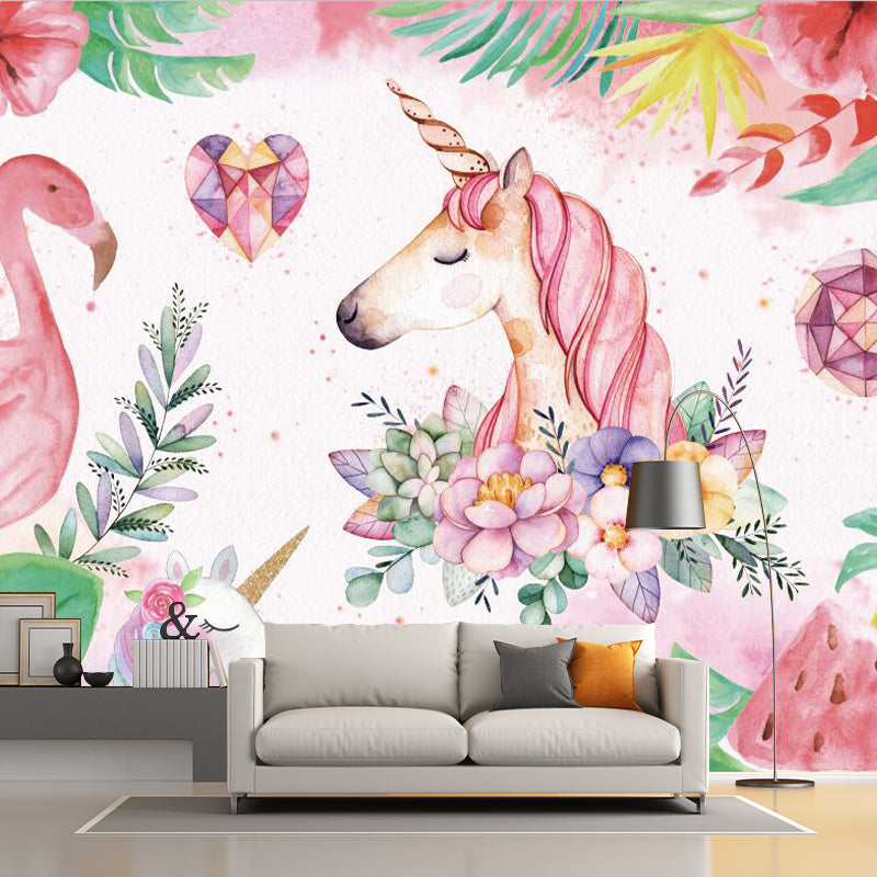 Stylish Unicorn and Flamingo Murals Pink and Green Stain Resistant Wall Art for Bedroom