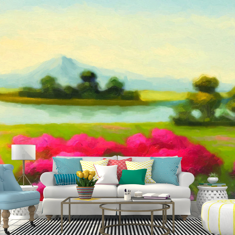 Modern Spring Blossom Wall Mural Pink-Green Living Room Wall Decoration, Made to Measure