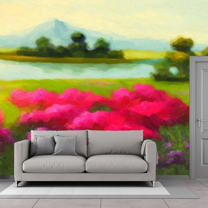 Modern Spring Blossom Wall Mural Pink-Green Living Room Wall Decoration, Made to Measure