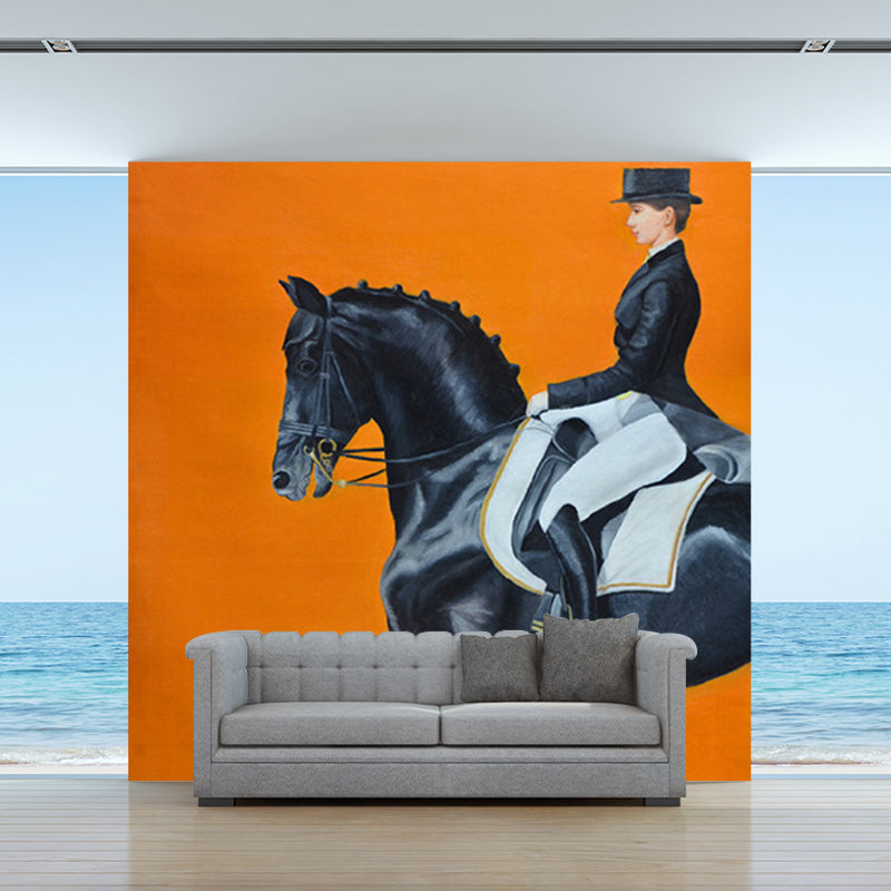 Orange-Black Modern Wall Murals Customized Lady Rider Wall Art for Bedroom Decor
