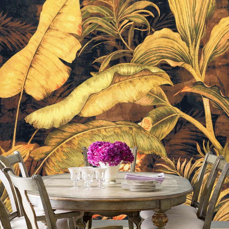 Stain-Proof Wall Covering Murals Tropical Non-Woven Wall Art with Banana Leaves Pattern